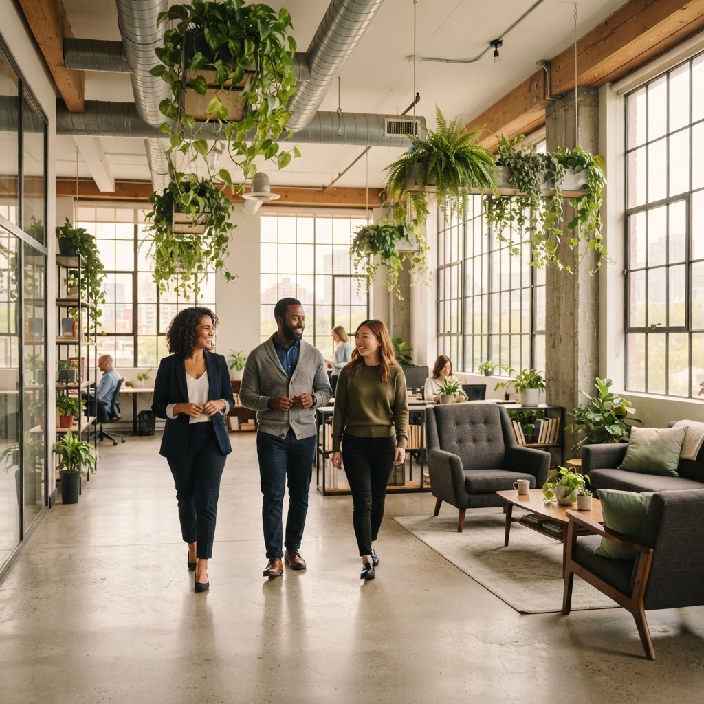 Diverse team walking through modern airy office space