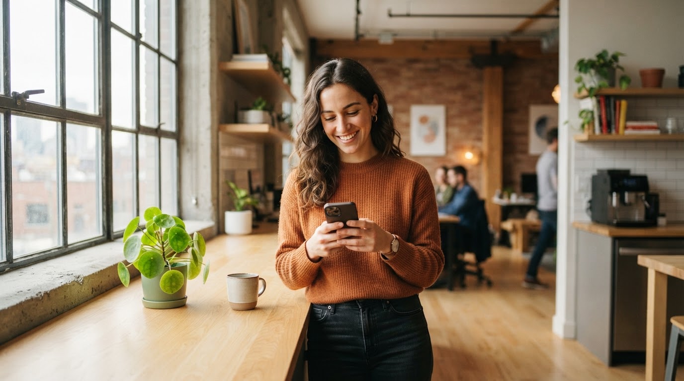 Happy employee looking at smartphone in bright modern office