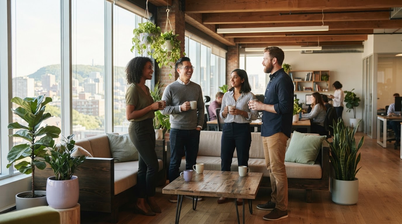 Diverse team talking in a sunlit modern office lounge