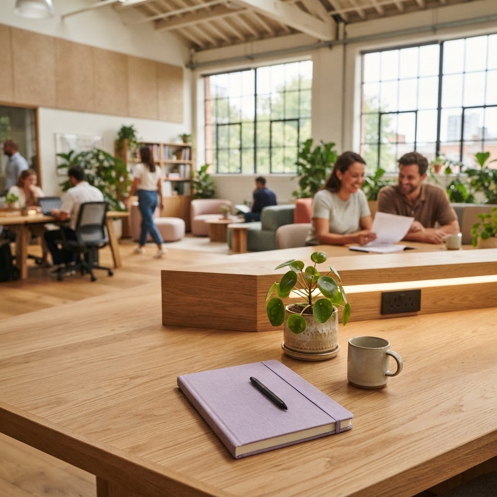 Modern office interior with focus on plants and natural light