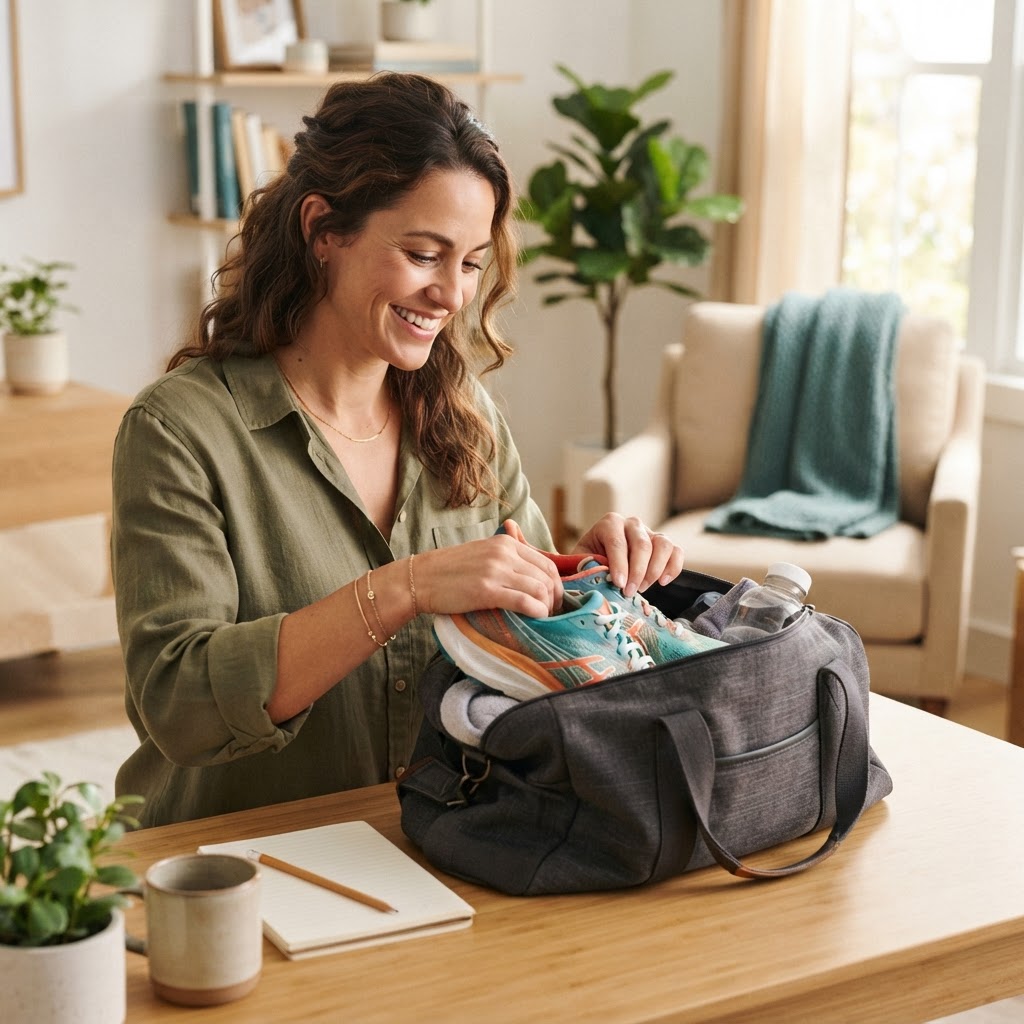 Person packing gym bag for a workout at home