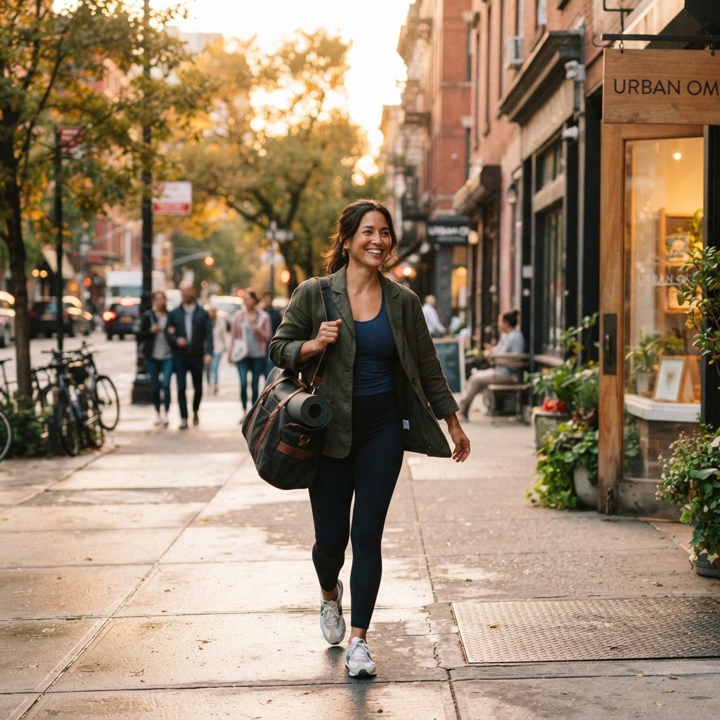 Employee walking to a yoga class in a city
