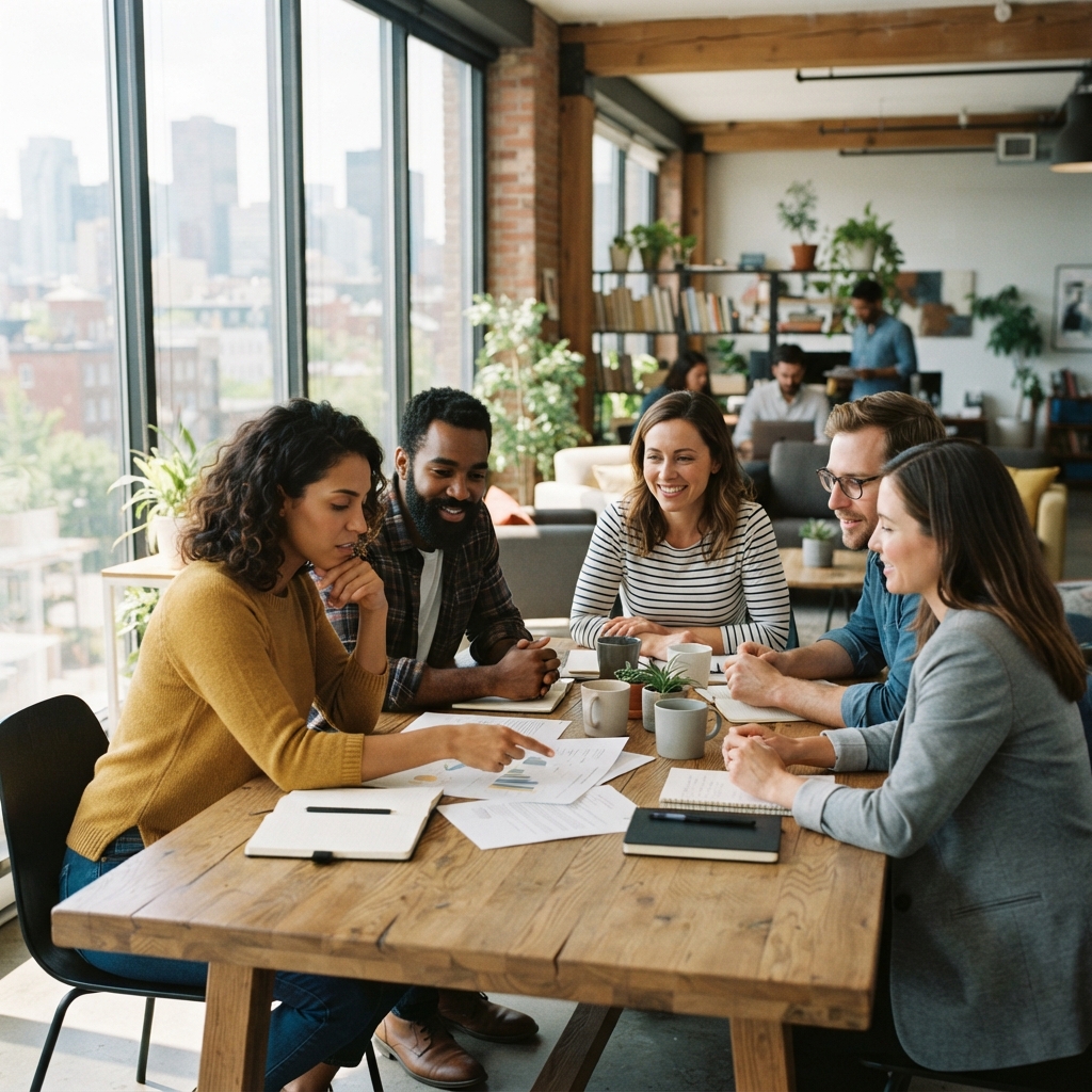 Startup founders reviewing business documents in a modern office