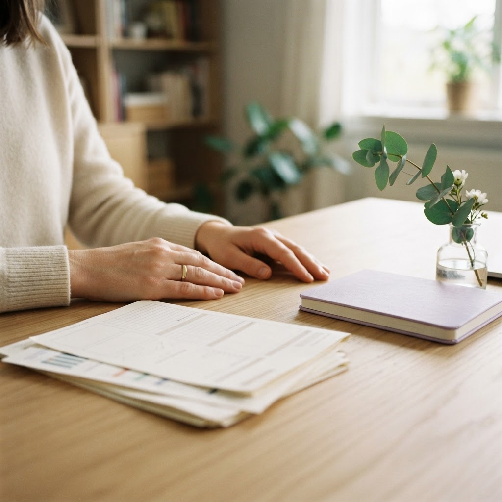Hands resting near organized planning documents on a desk