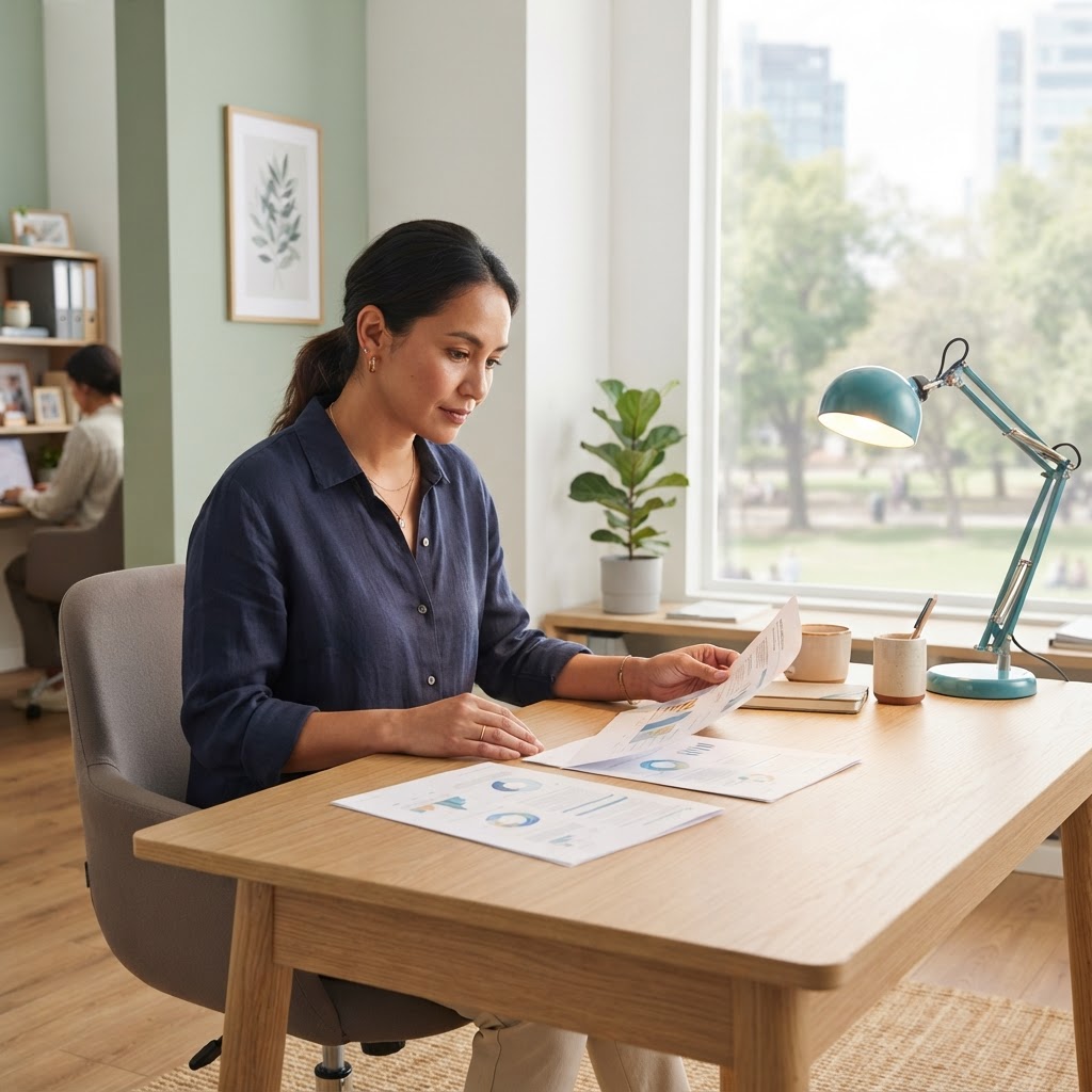 HR professional reviewing benefits documentation at a desk