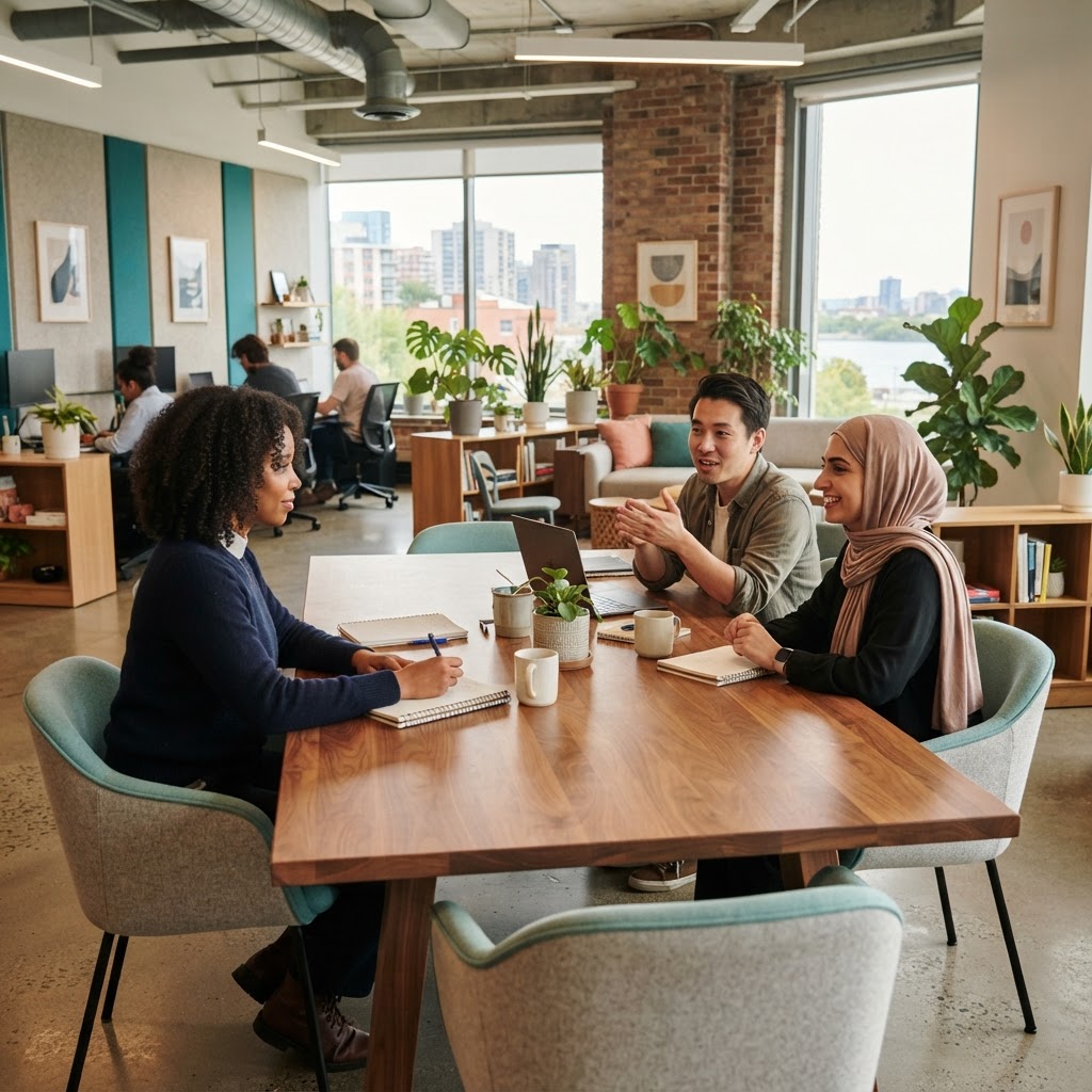 Small team collaborating in a bright modern office