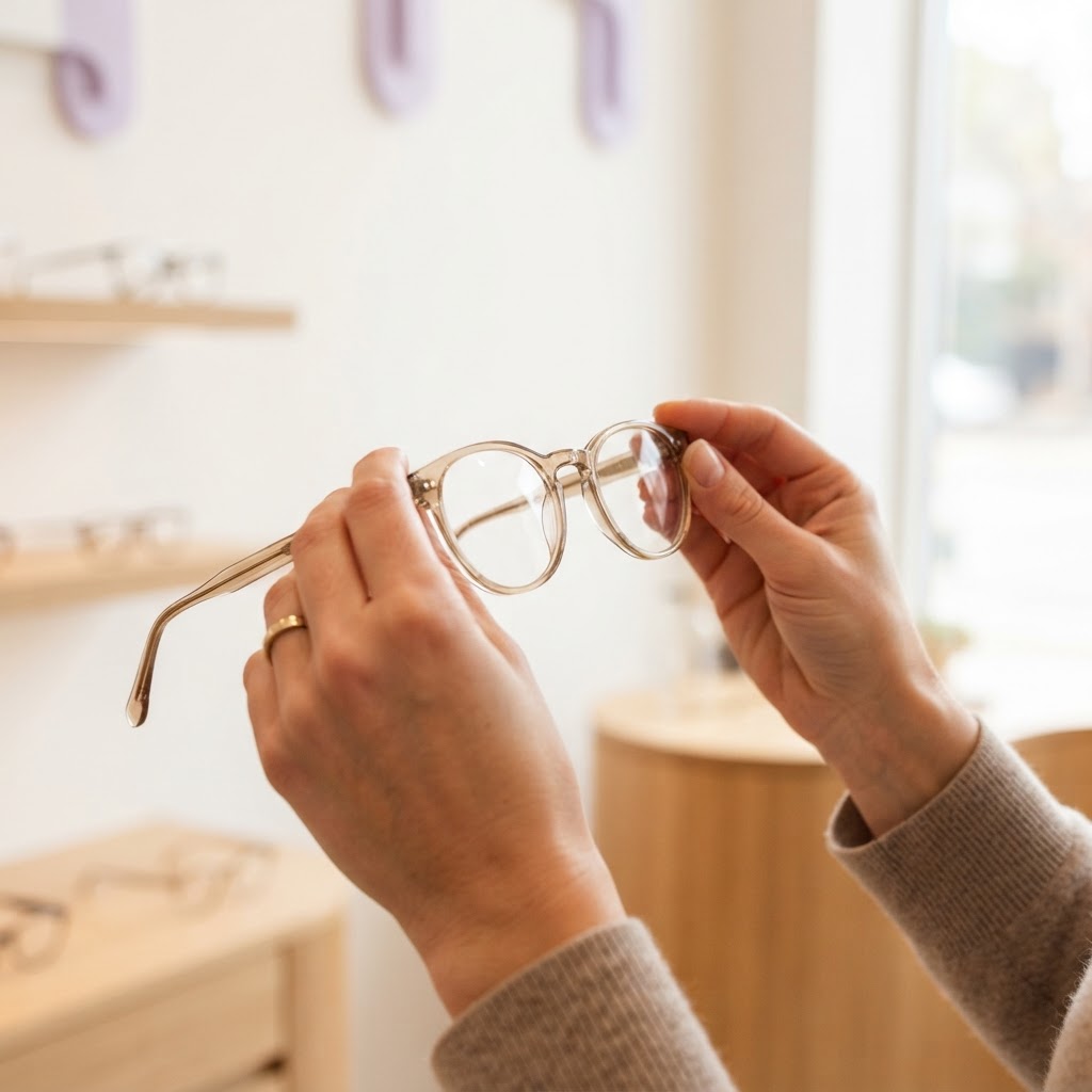 Hands holding a pair of modern eyeglasses