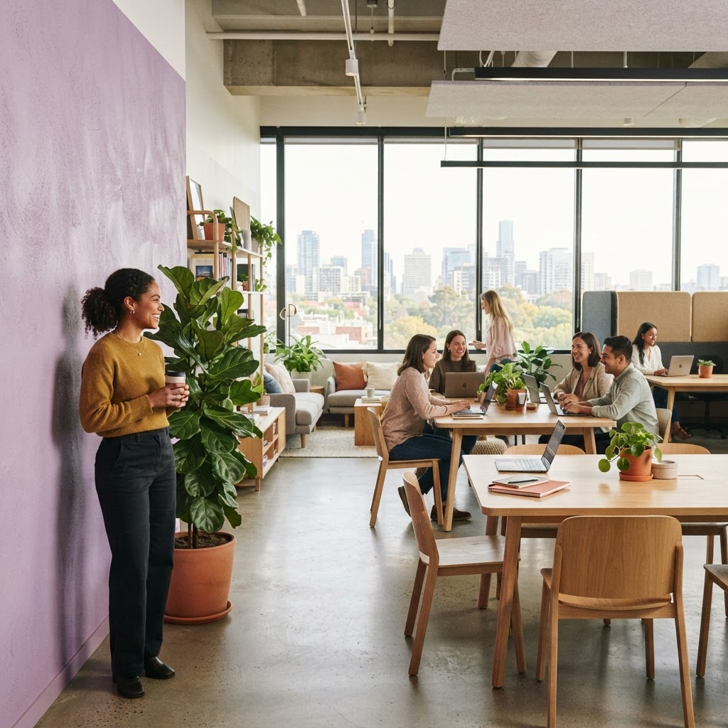 Modern office interior with soft purple accents