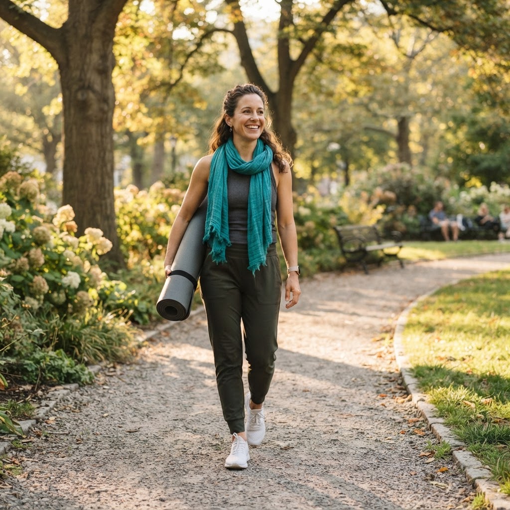 Person carrying a yoga mat in a sunlit park