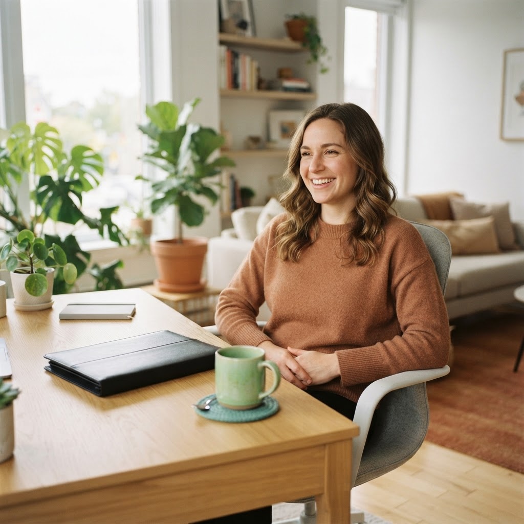 Relaxed professional in a sunlit home office environment