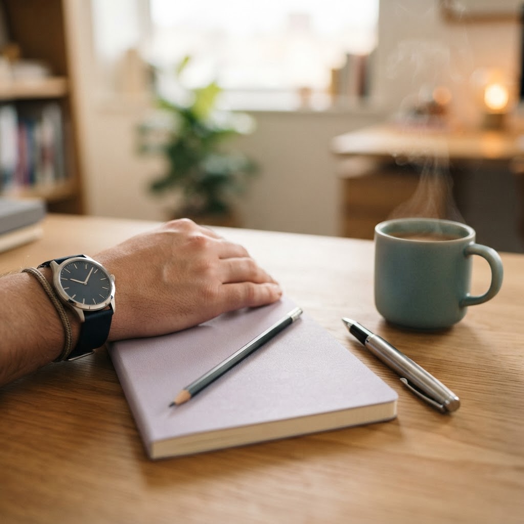 Close up of a clean organized desk with a notebook and coffee mug