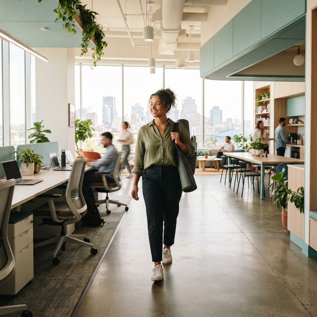 Employee leaving a modern office with a yoga mat