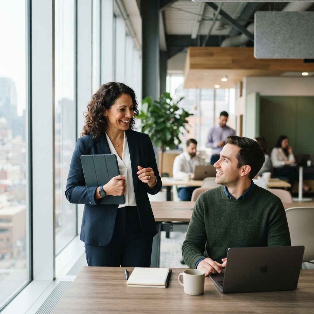 Two colleagues collaborating in a sunlit modern Montreal office