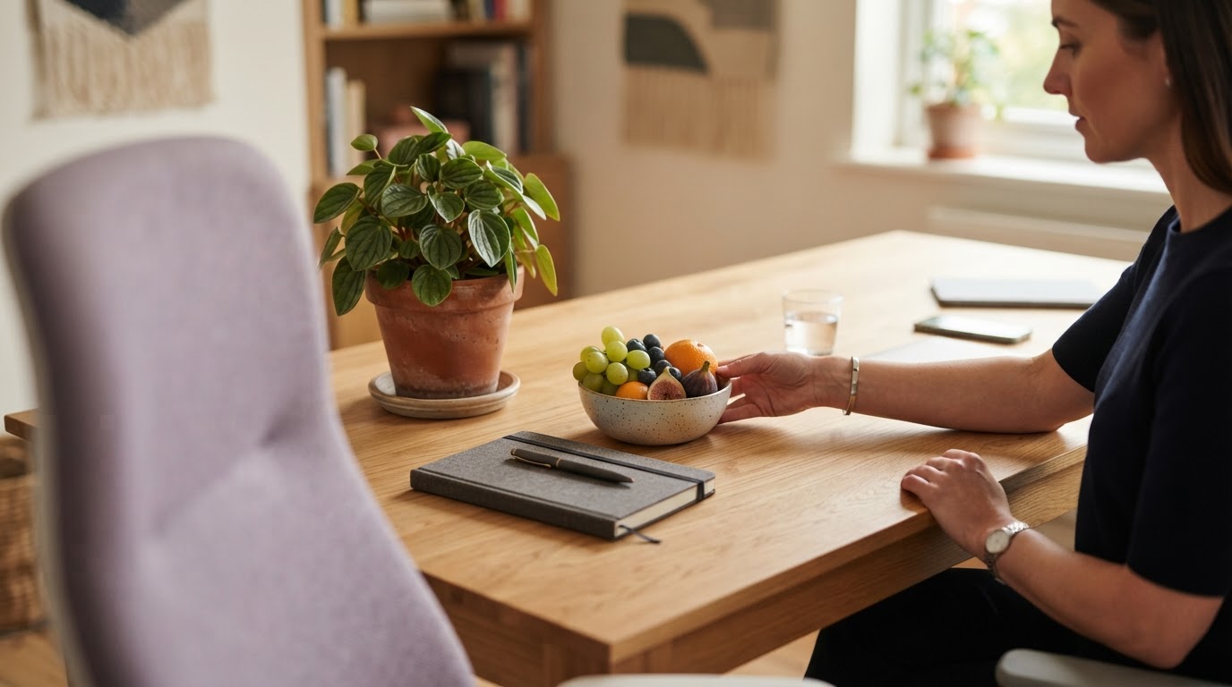 Clean desk surface with a notebook and small plant