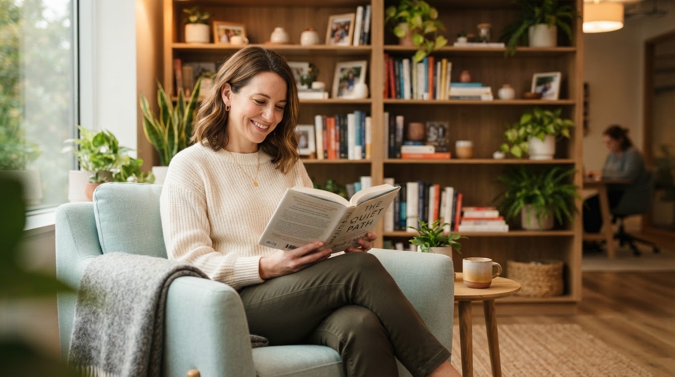 Person relaxing in a comfortable chair in an office nook