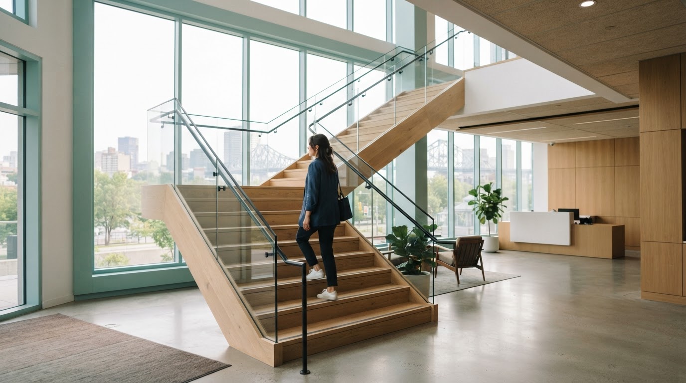 Person walking up a bright modern office staircase