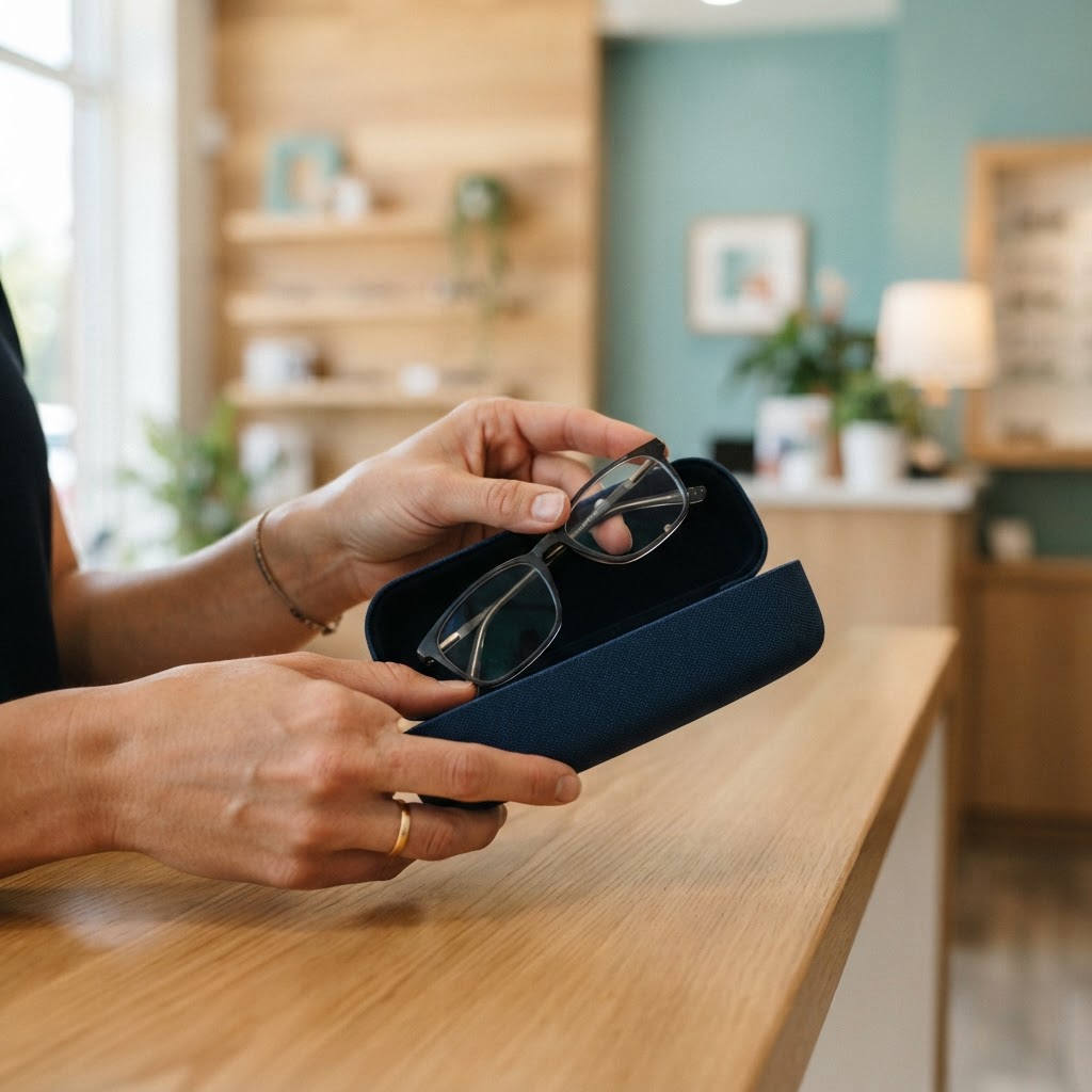 Person putting eyeglasses in a case