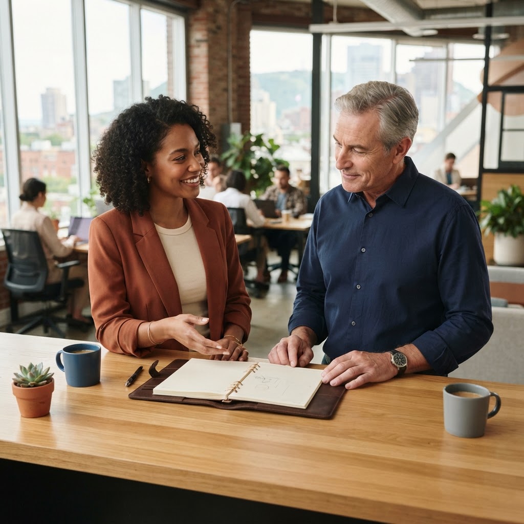 Colleagues discussing benefits in a modern sunlit office