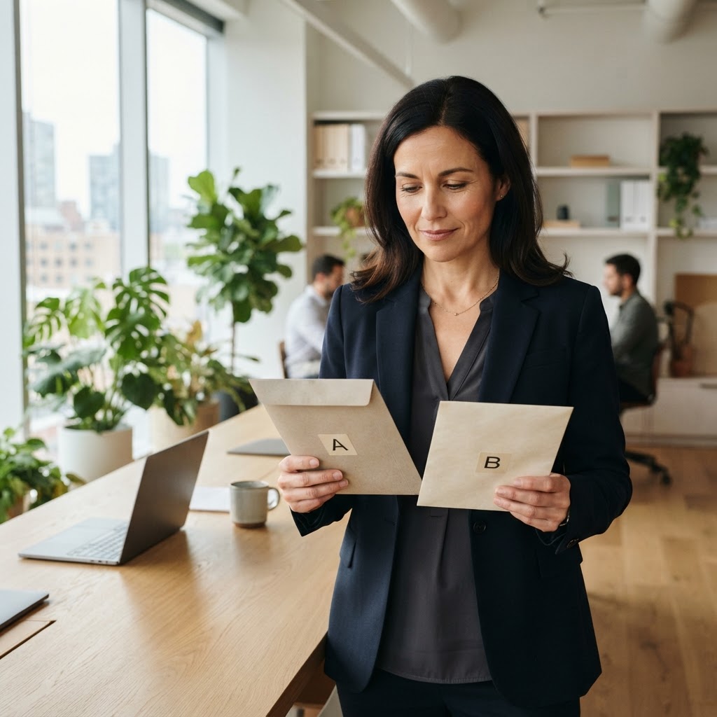 Employer evaluating benefit plan options in a bright office