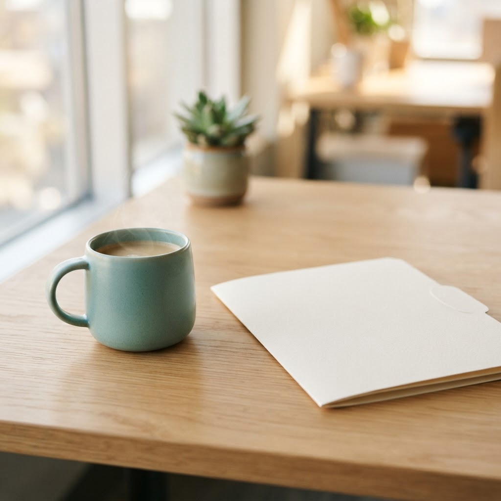 Minimalist office desk setup with a file and teal mug