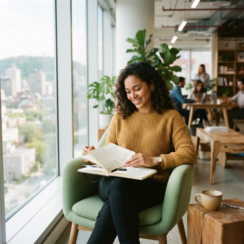Professional relaxing in a modern office while reviewing benefits