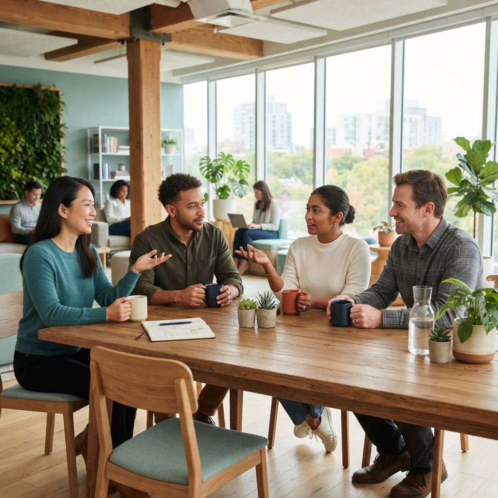 Diverse team collaborating in a bright modern Canadian office