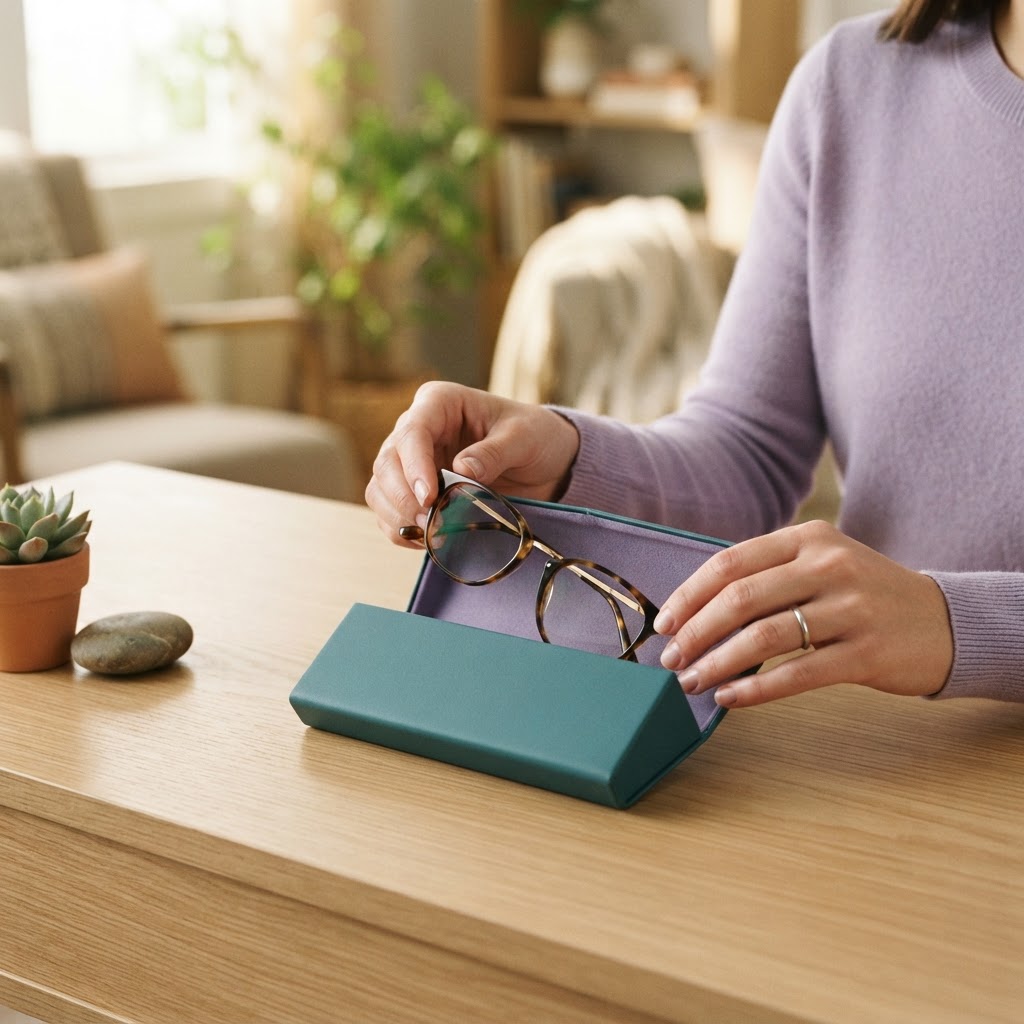 Person putting eyeglasses in a case on a desk