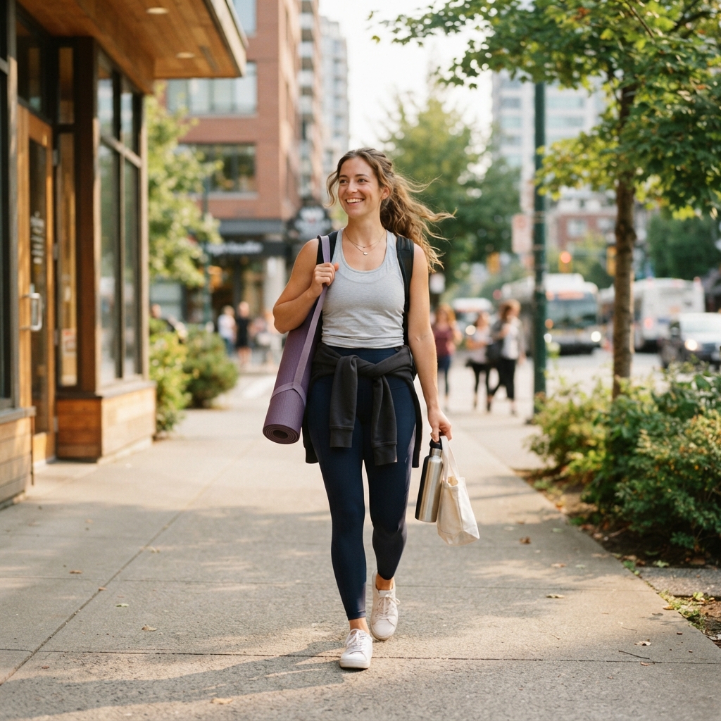 Person walking away from yoga class with a mat