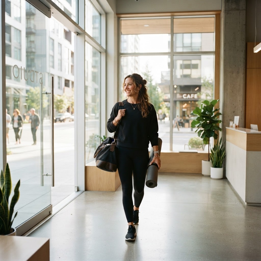 Employee leaving a yoga studio feeling refreshed