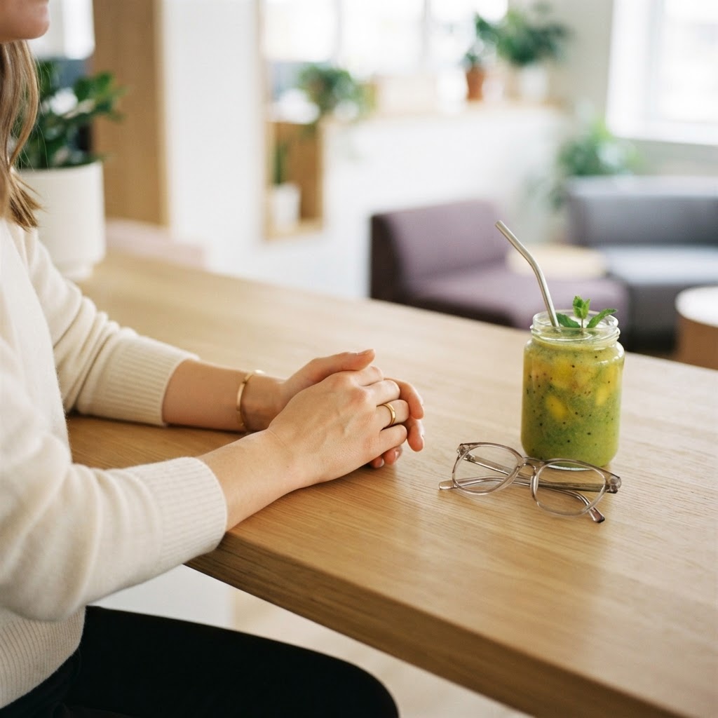 Eyeglasses and a healthy drink on an office desk