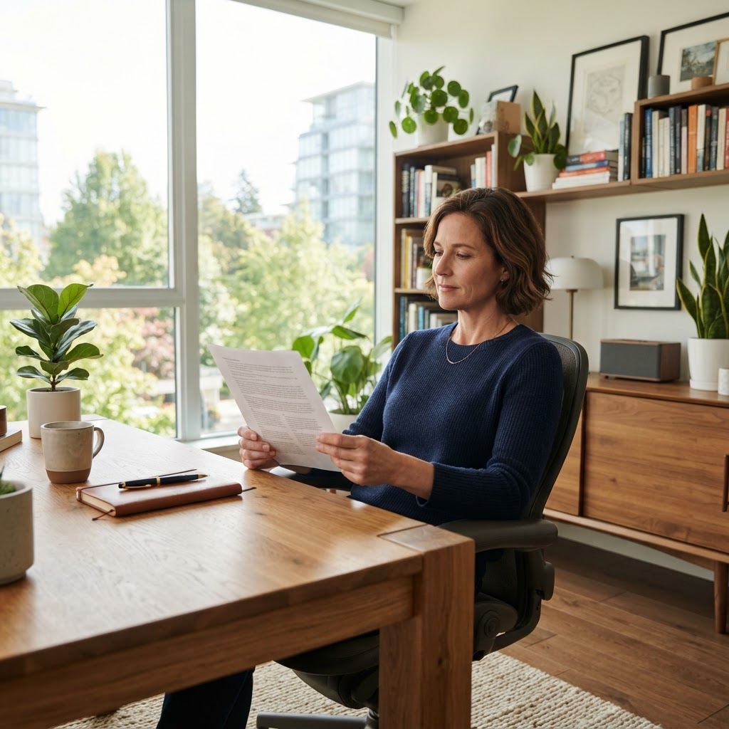 A business owner reviewing financial documents in a modern office