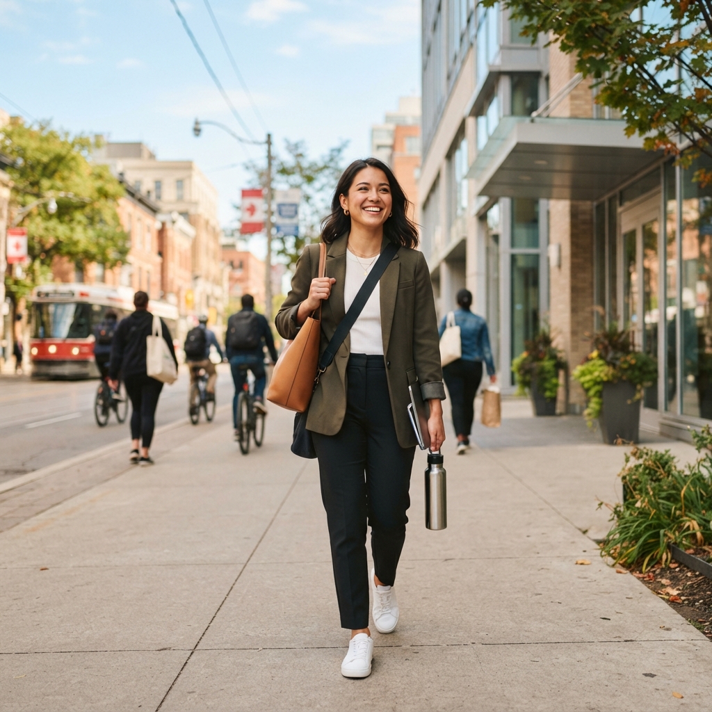 A happy employee walking outside a modern office building