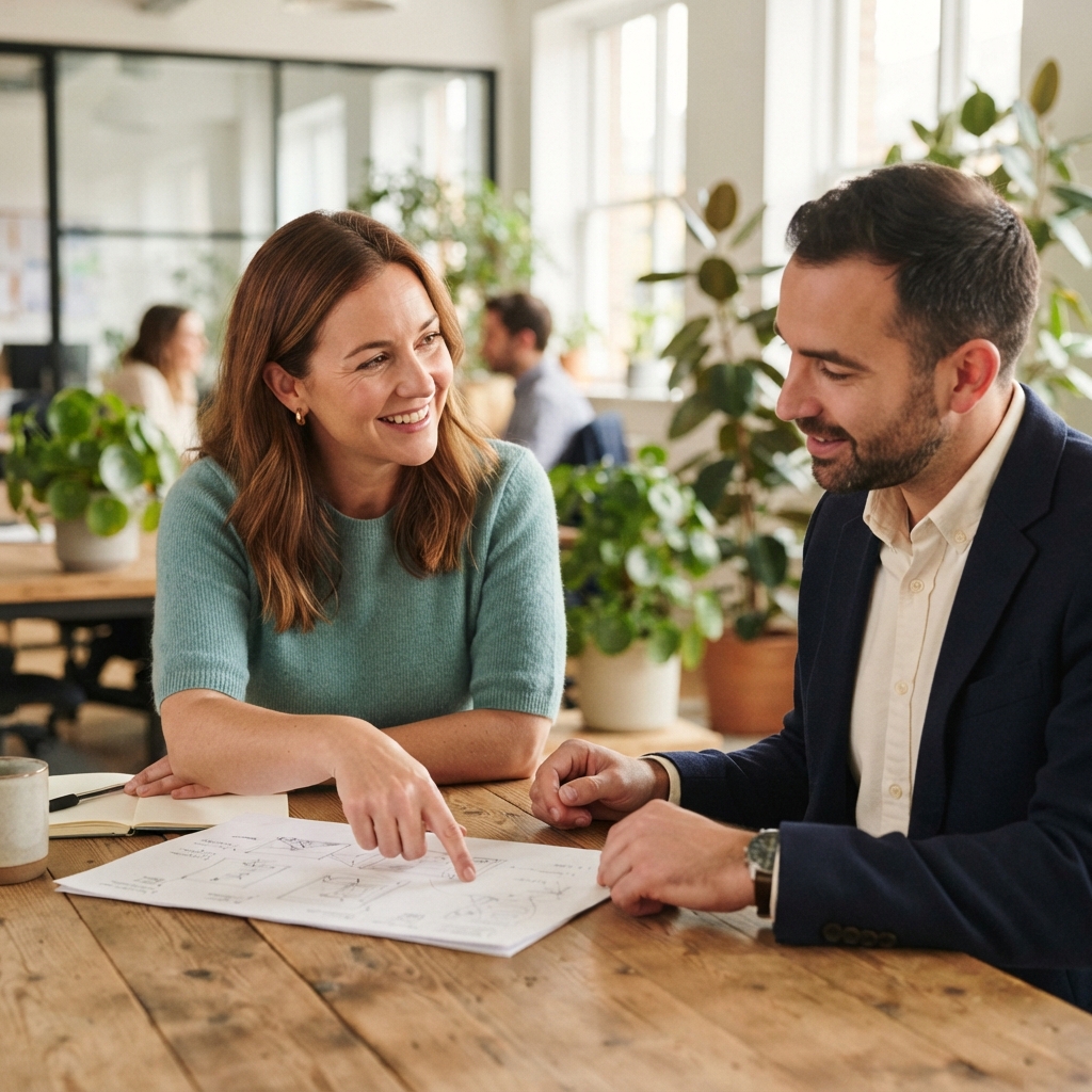 Colleagues having a friendly conversation in a bright office space