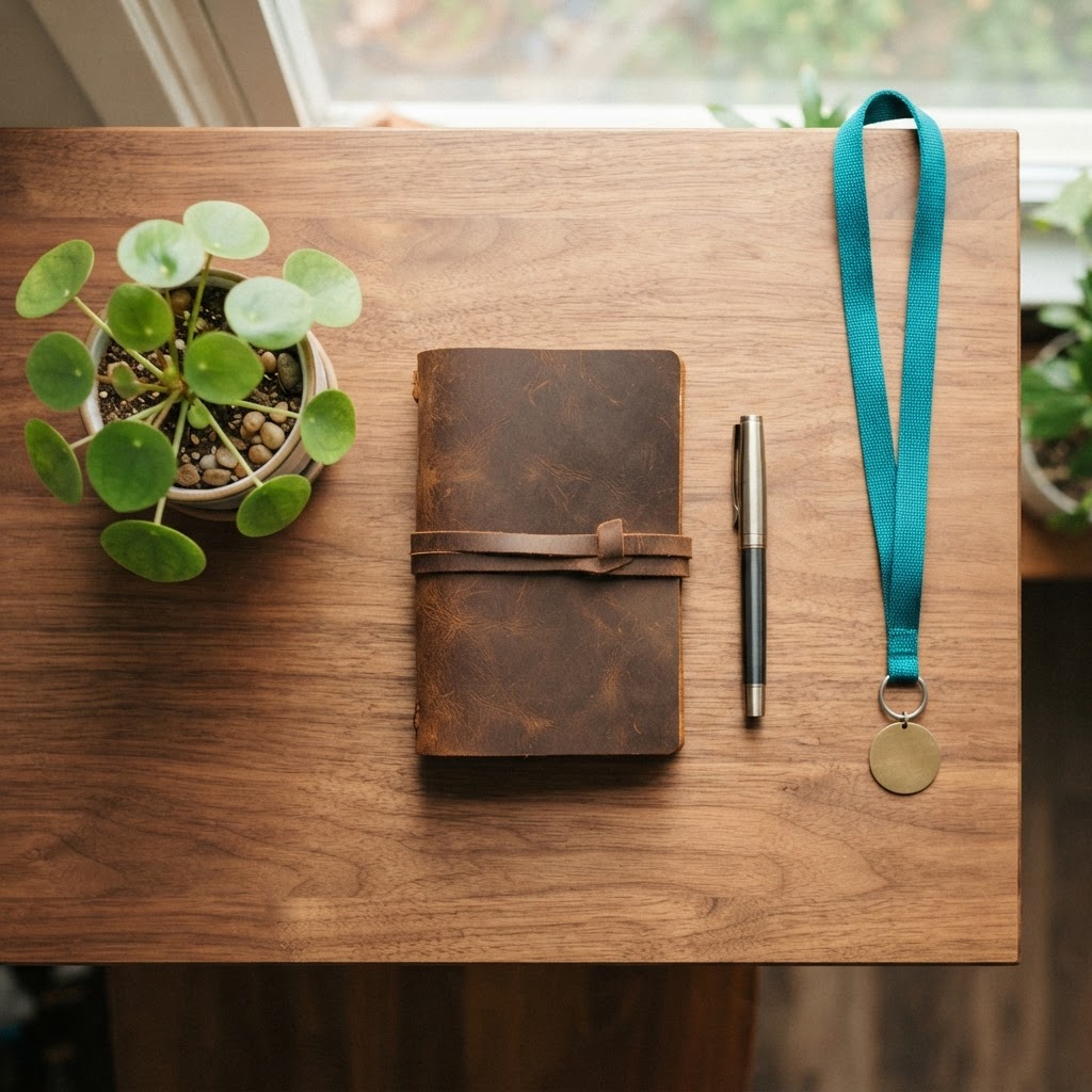 Desk surface with notebook and teal lanyard