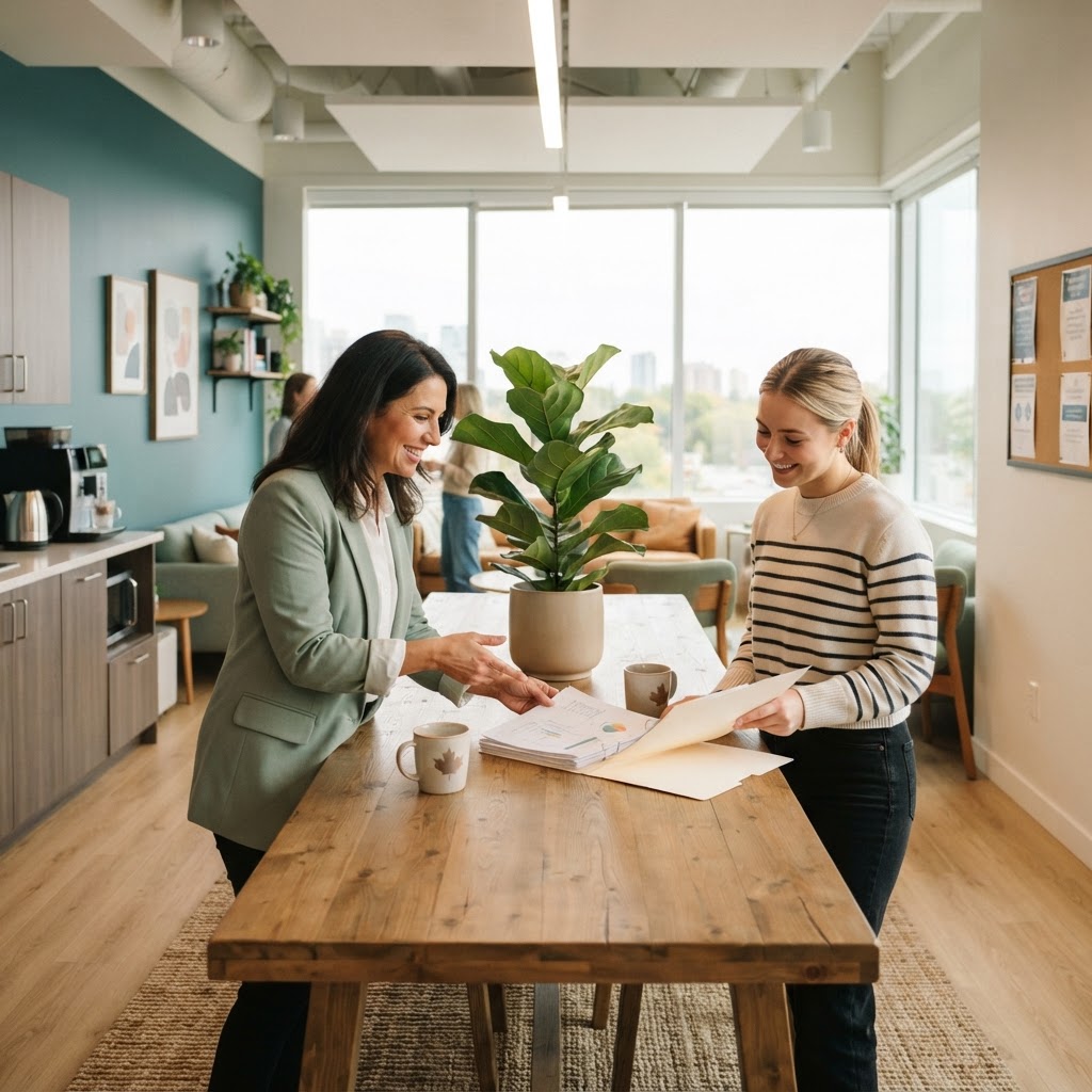 HR manager and employee discussing documents in office