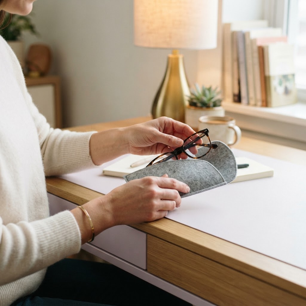 Person placing new eyeglasses into a case