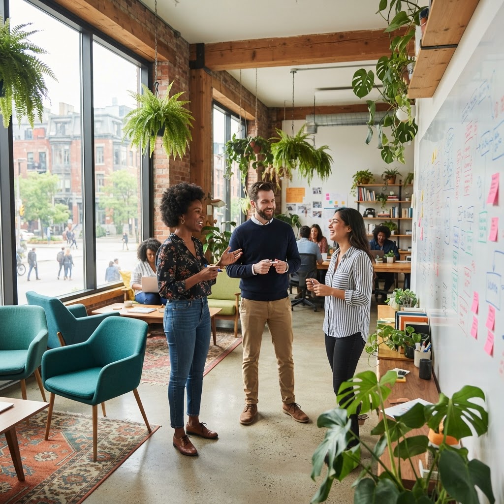 Small team talking in a modern open office