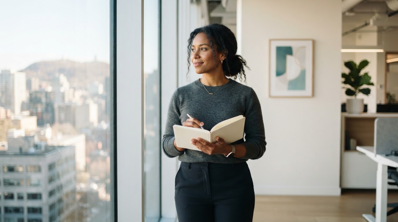 A professional stands by a window in a bright office