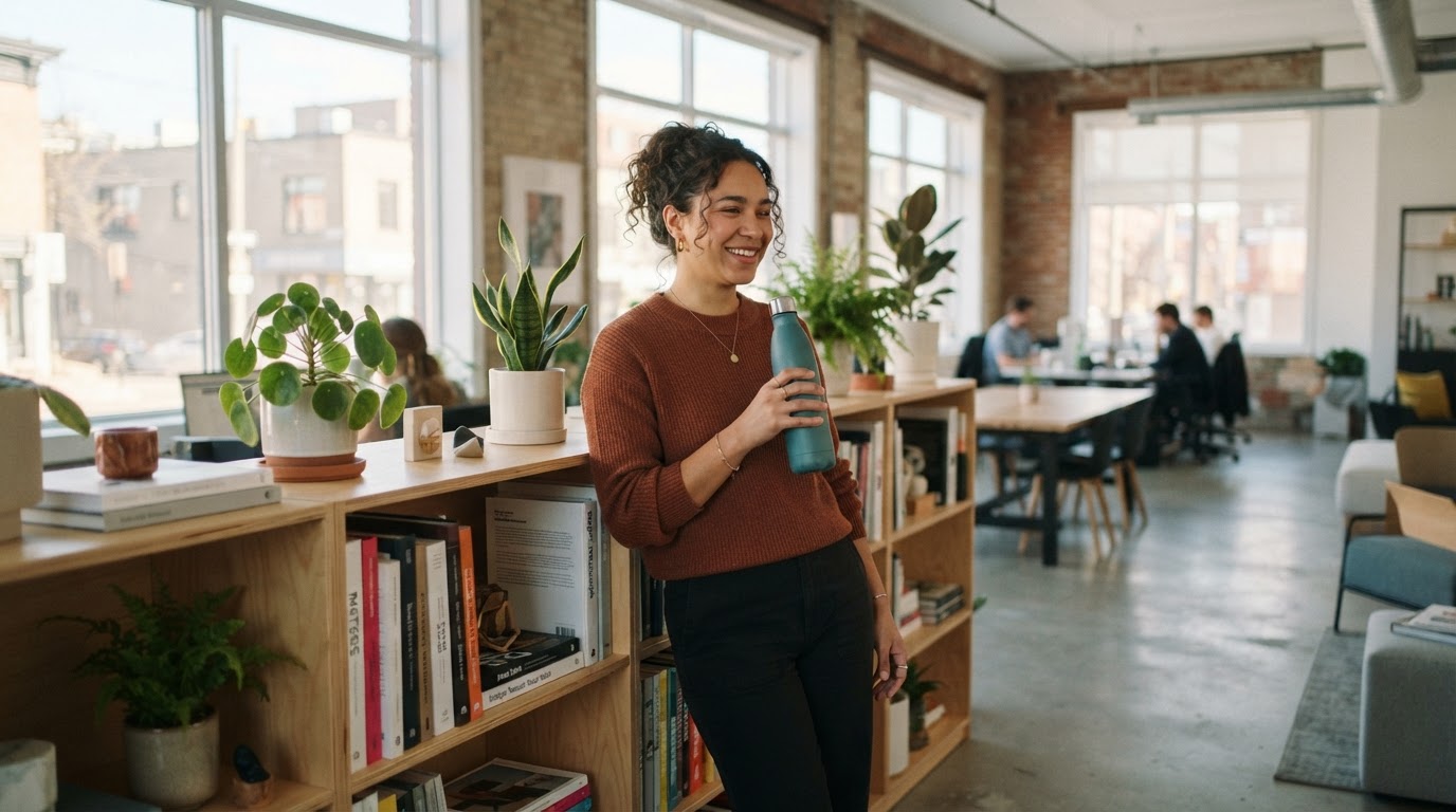 An employee leaning against a wooden shelf in an airy office
