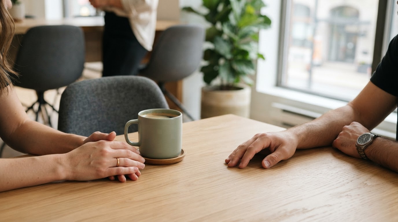 Close up of two people sitting together in a modern office