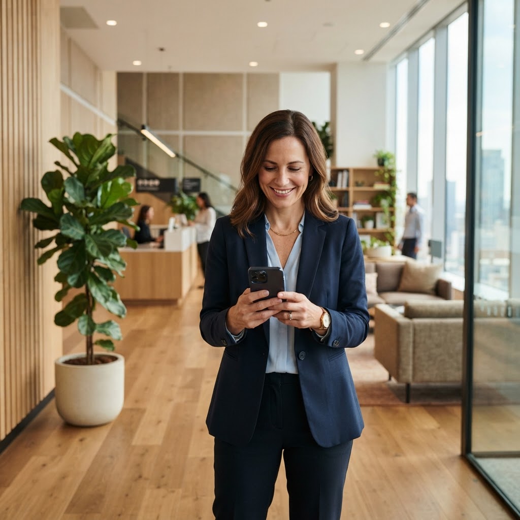 Employee looking relieved at their mobile device in a modern office