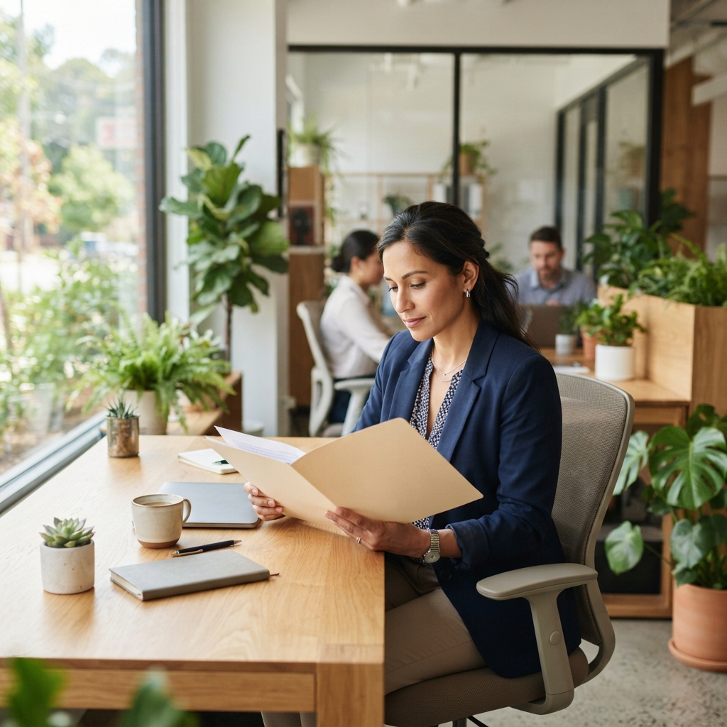 Human resources professional reviewing documents in a bright office