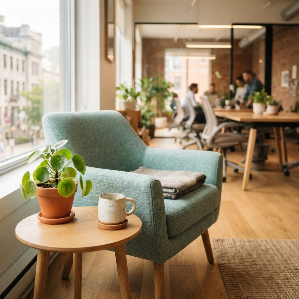 A comfortable and relaxing corner in a modern, light-filled office environment
