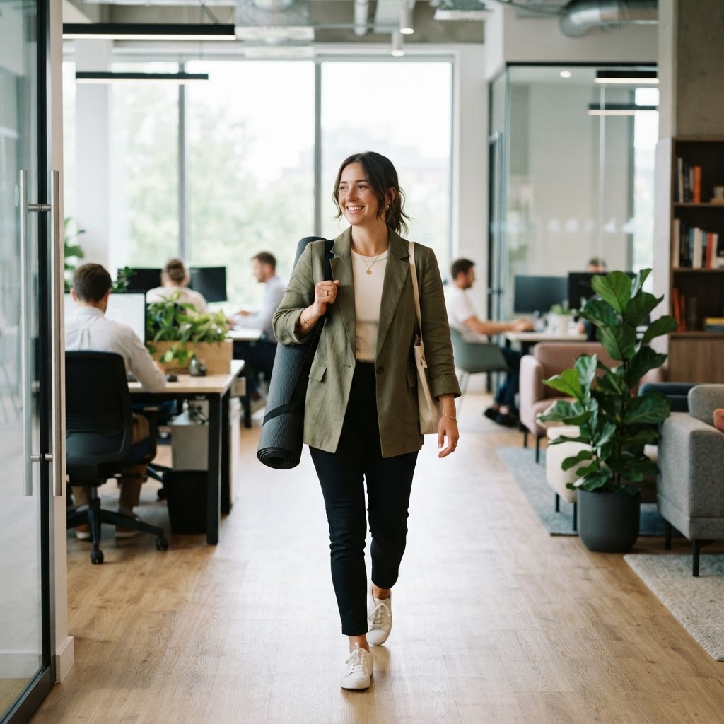 Employee leaving the office with a yoga mat after a productive day