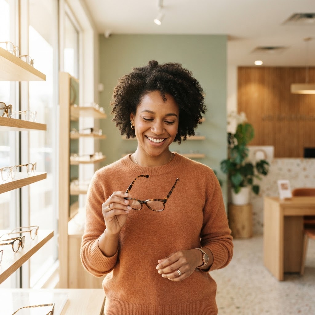 Employee looking at glasses in a modern, welcoming optometrist office
