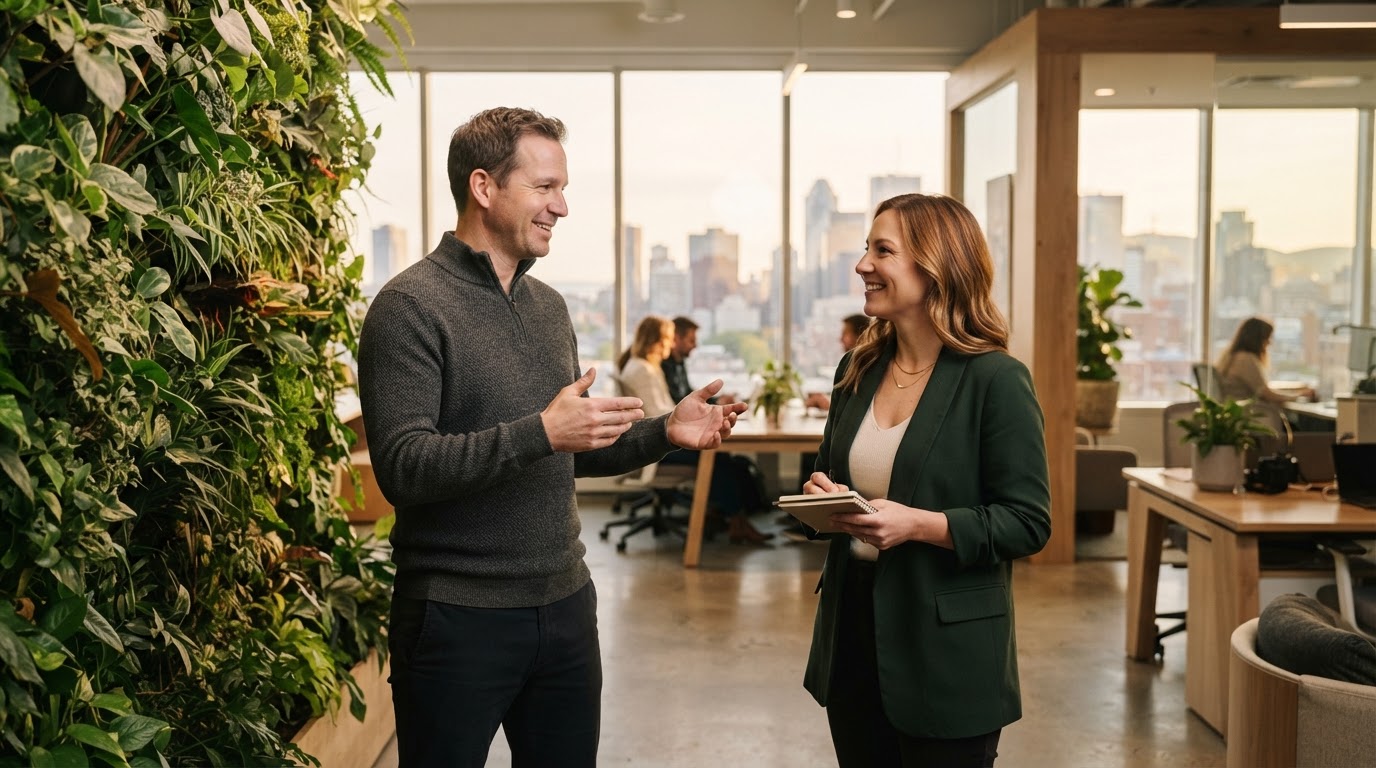 HR manager and business owner having a friendly conversation in a modern Montreal office