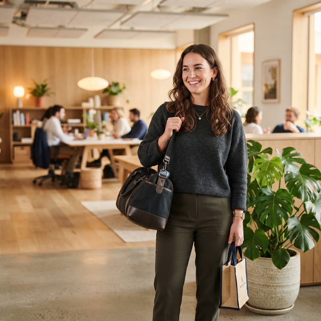 A happy employee with a gym bag in a bright office