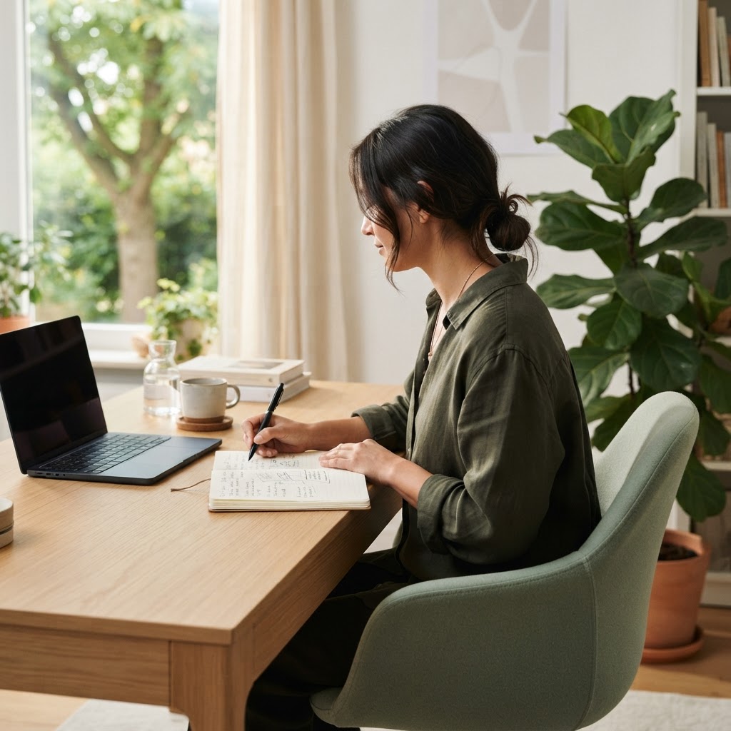 A person writing in a notebook at a modern desk