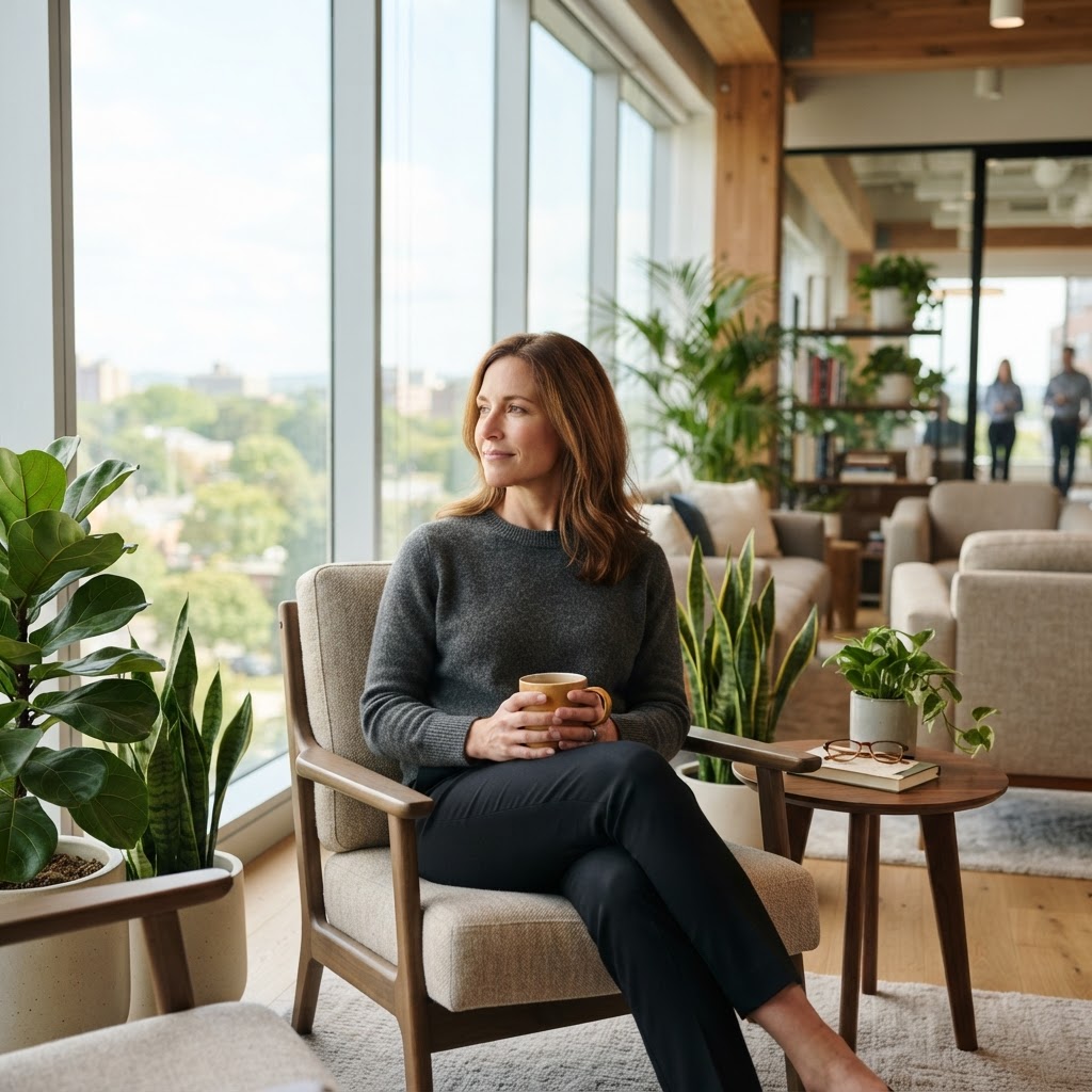 A professional relaxing with tea in a bright lounge area