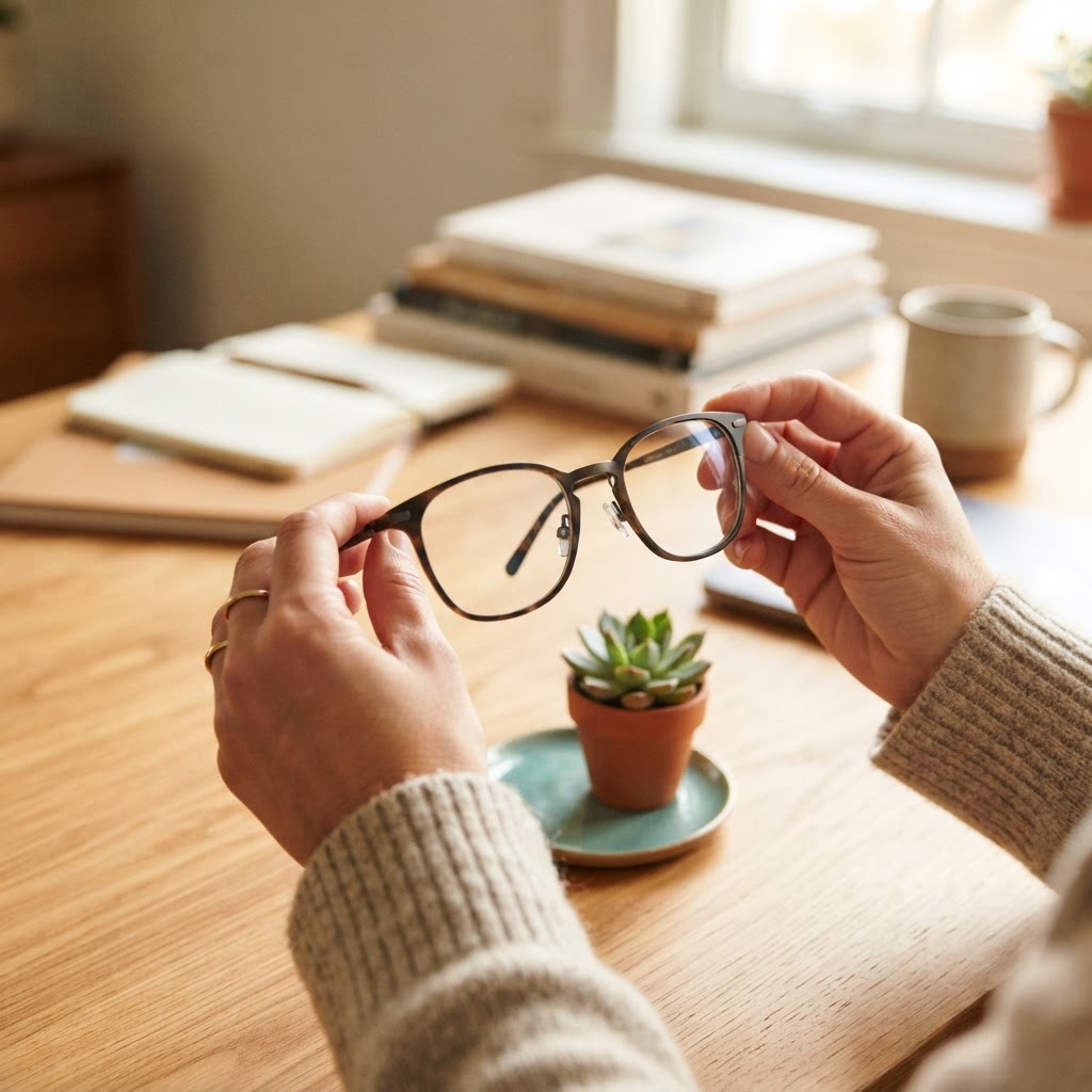 Close up of eyeglasses on a wooden desk